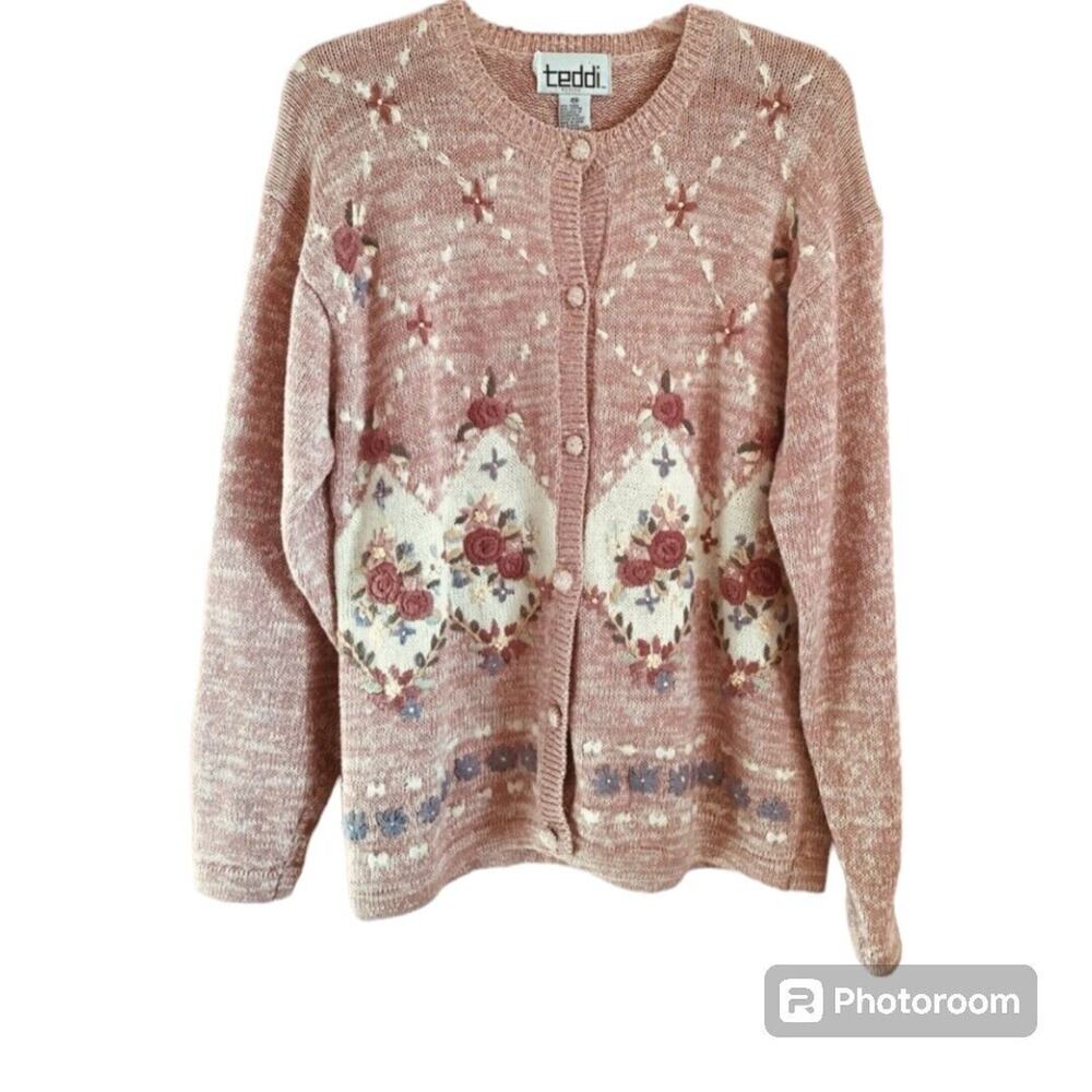 Vintage Teddi Petite Sz M Pink Rose Embroidered Cardigan Cottagecore Sweater EUC